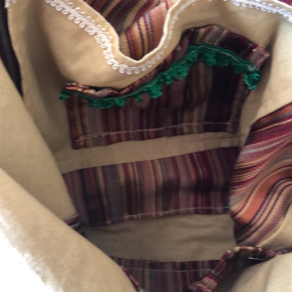 Bohemian Gypsy Crossbody Bag w/gold,green,red stripes & cream lace and fringe - Picture 12 of 17